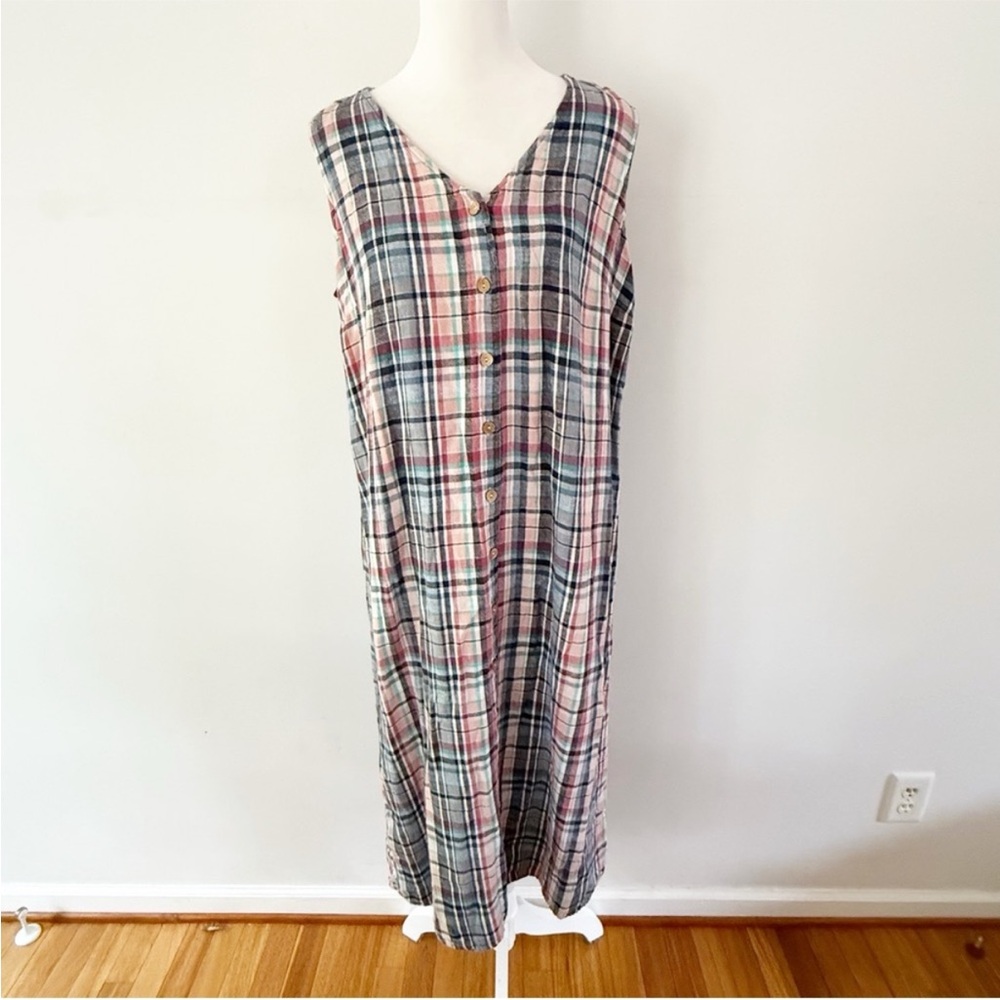 Vintage Women 90s Plaid Linen Button Down Sleeveless Dress Classic Preppy Beach